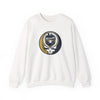 White crewneck sweatshirt with circular Milwaukee skull logo graphic