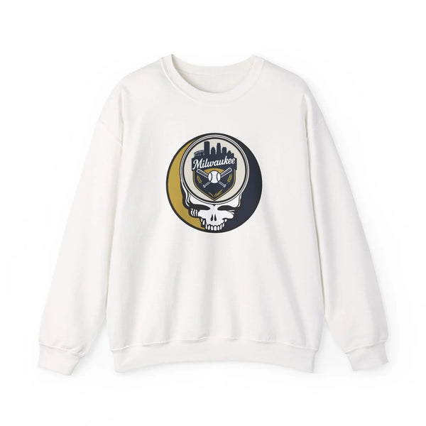 White crewneck sweatshirt with circular Milwaukee skull logo graphic