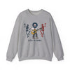Light gray crewneck sweatshirt with long sleeves and cartoon band graphic
