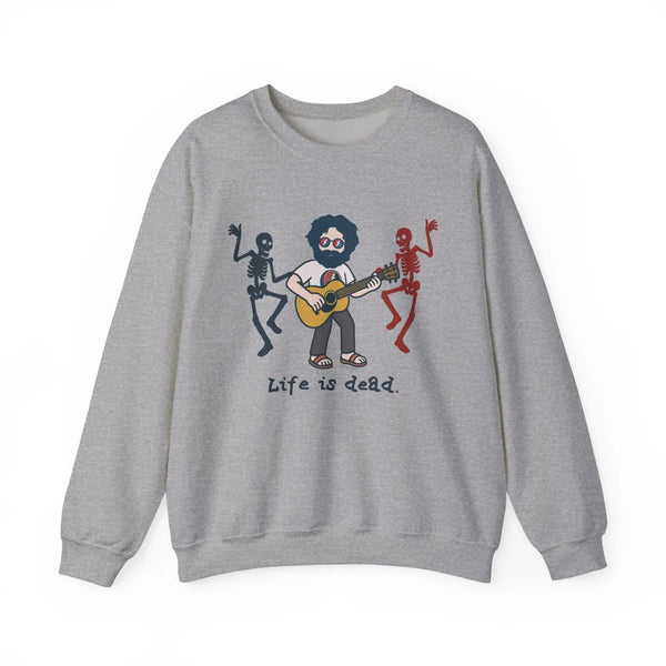 Light gray crewneck sweatshirt with long sleeves and cartoon band graphic