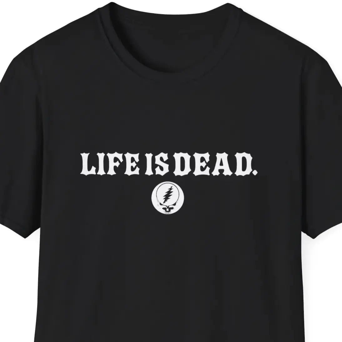 Black crewneck t-shirt with LIFEISDEAD text and small circular emblem print