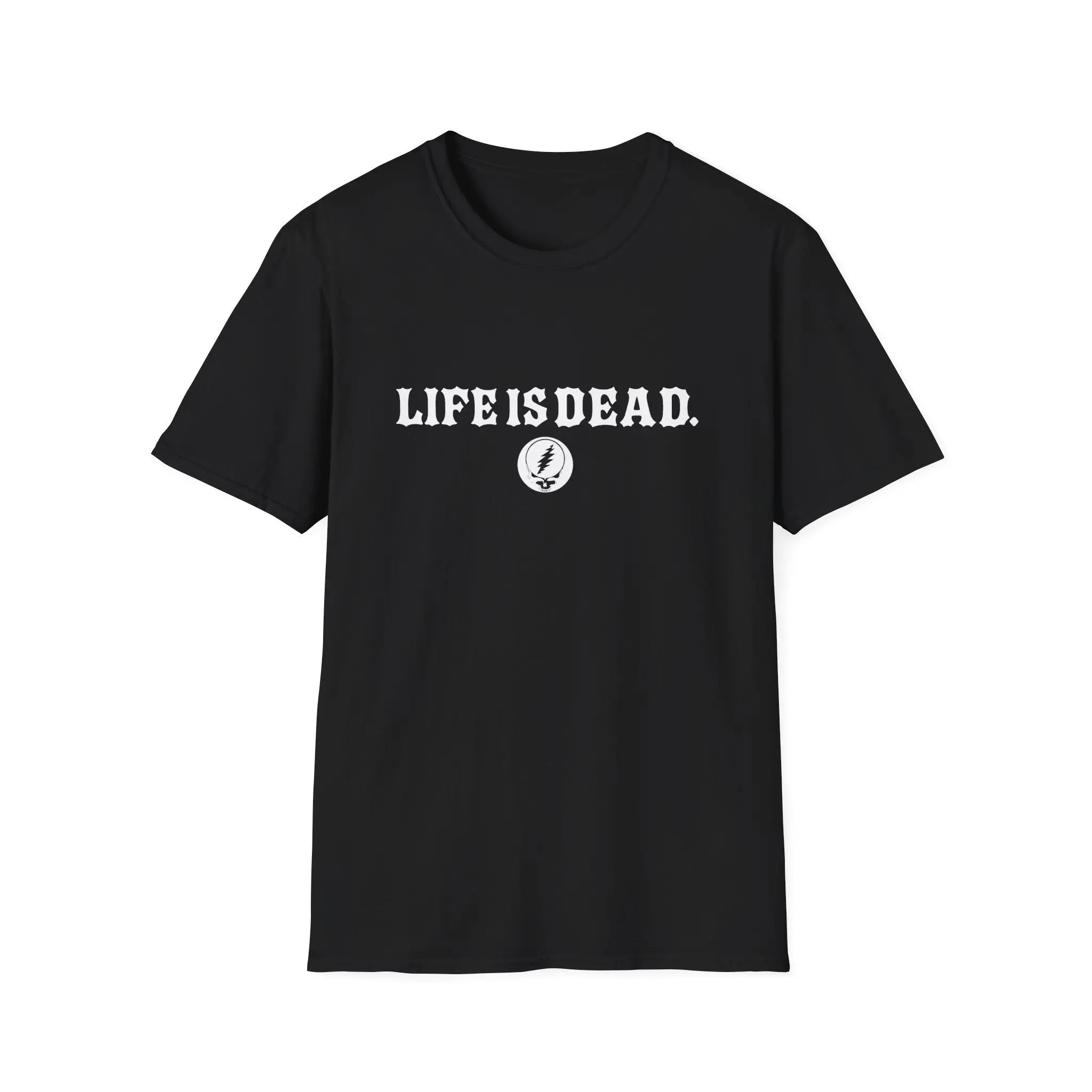 Black crewneck t-shirt with LIFEISDEAD text and small emblem logo