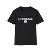 Black crewneck t-shirt with LIFEISDEAD text and small emblem logo