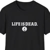 Black crewneck t-shirt with LIFEISDEAD text and small circular emblem print