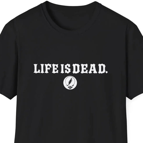 Black crewneck t-shirt with LIFEISDEAD text and small circular emblem print