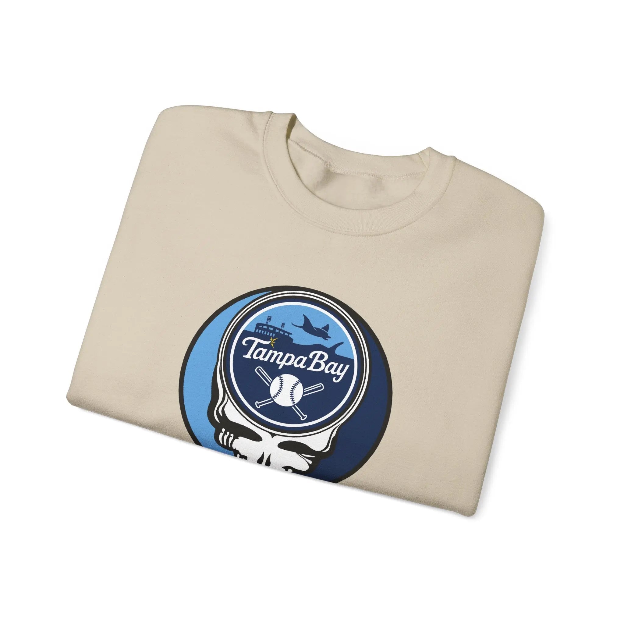 Sand crewneck sweatshirt with Tampa Bay Rays Stealie circular logo graphic