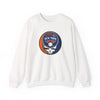 White crewneck sweatshirt with circular New York graphic logo on chest.