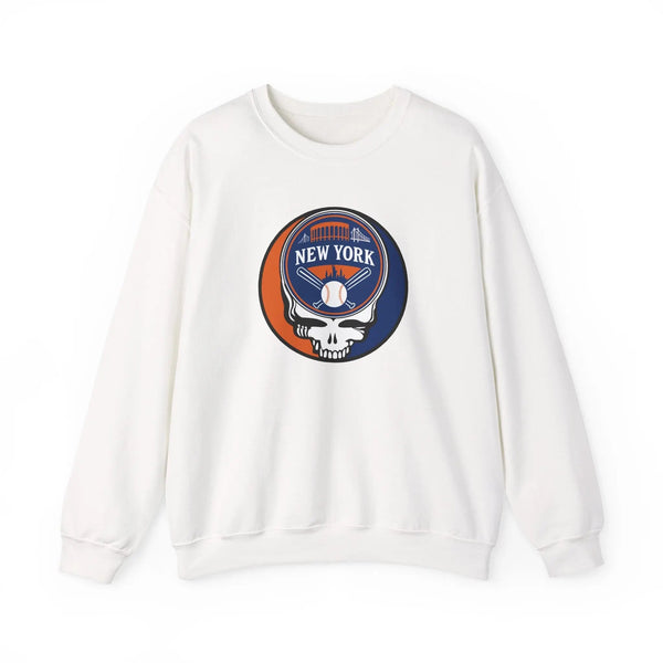 White crewneck sweatshirt with circular New York graphic logo on chest.