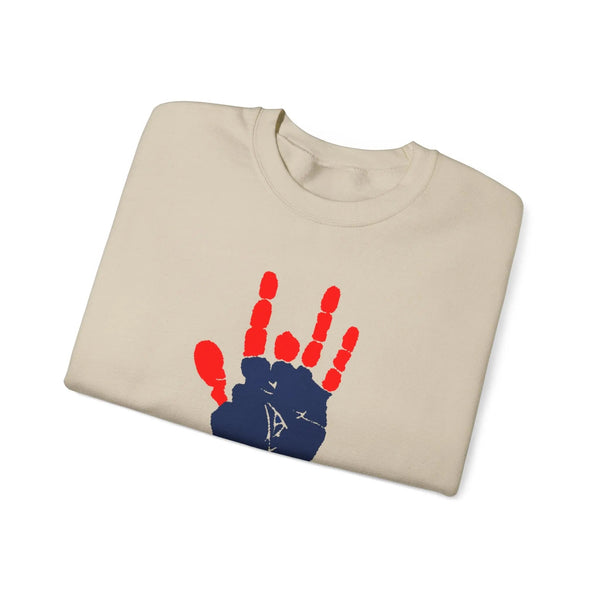 Light sand crewneck sweatshirt with red handprint graphic on the chest