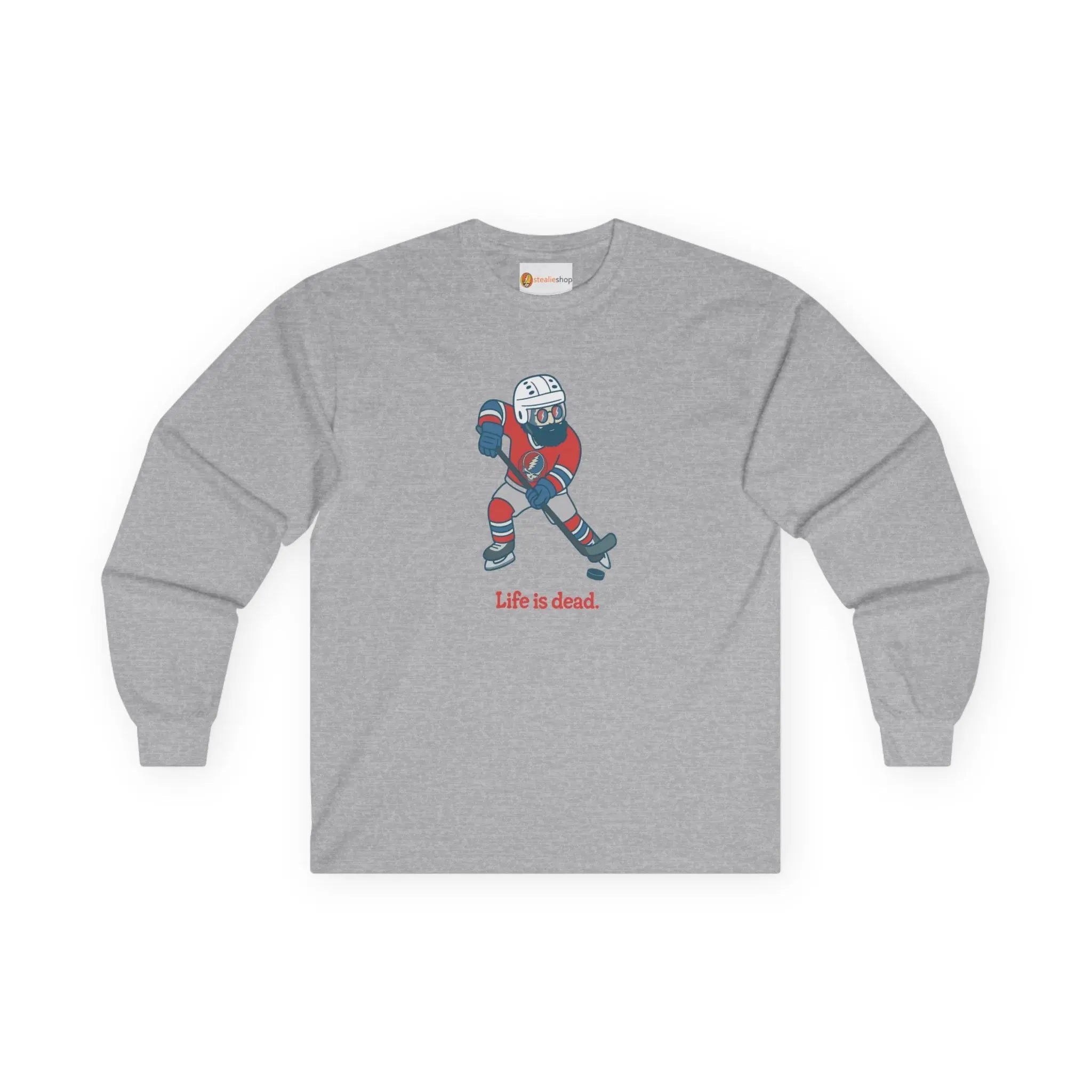 Sport grey long-sleeve graphic T-shirt with hockey player and 'Life is dead' print