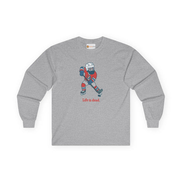 Sport grey long-sleeve graphic T-shirt with hockey player and 'Life is dead' print