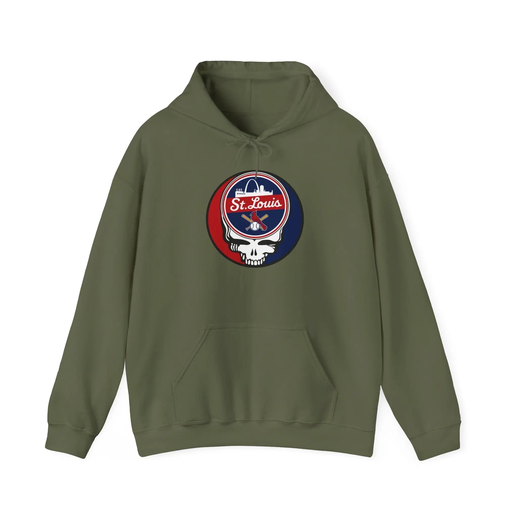 Military green pullover hoodie with front pocket and drawstring, St. Louis Cardinals logo patch