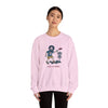 Disc Golfin' Jerry light pink crewneck sweatshirt, model wearing with front cartoon golfer graphic
