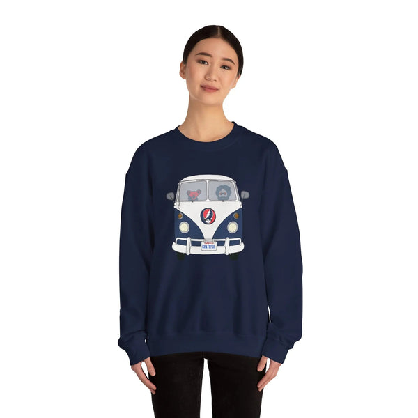 Navy crewneck sweatshirt worn by model; front bus graphic print