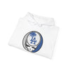 White Los Angeles Dodgers hoodie with front Stealie LA emblem and hood drawstring
