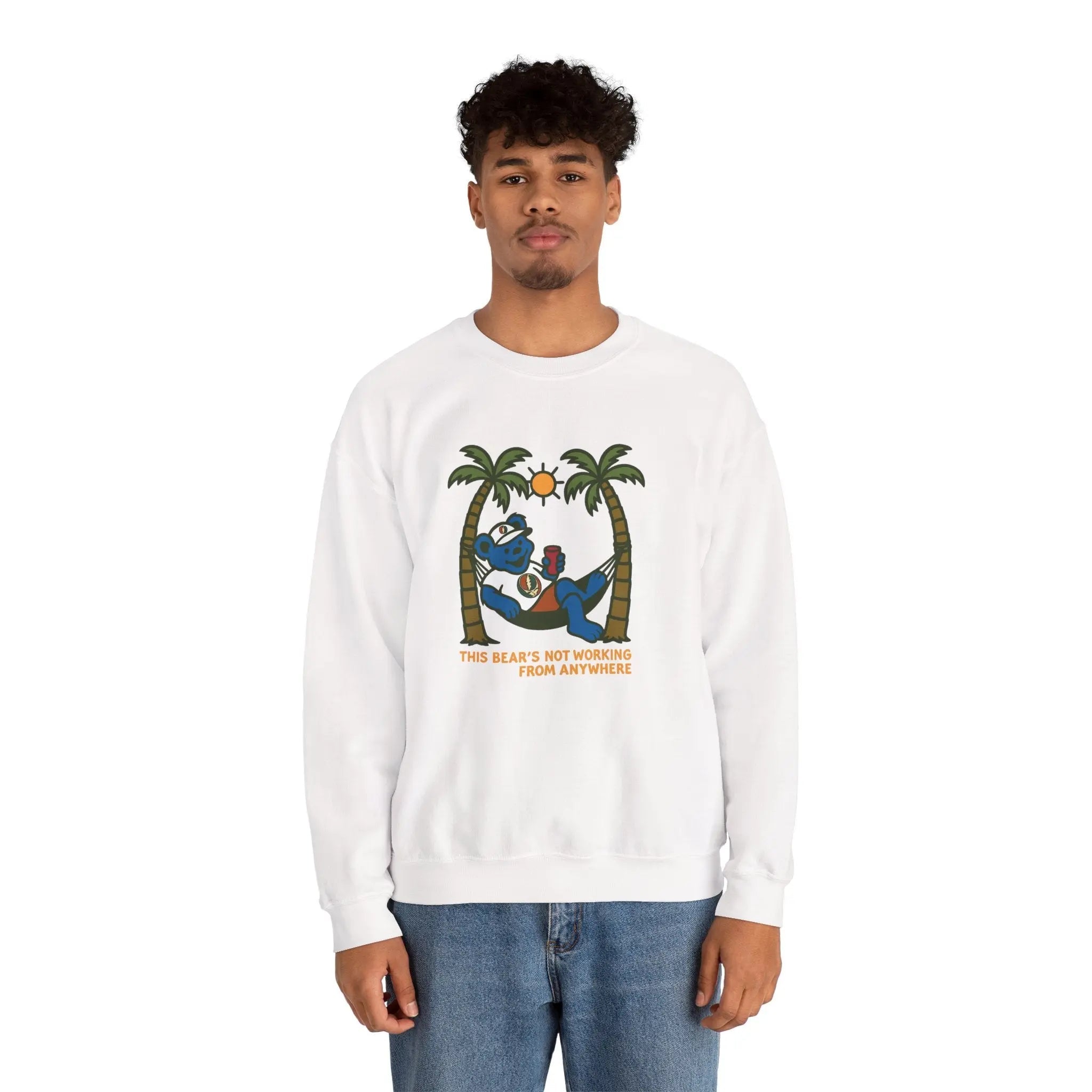 White crewneck sweatshirt, front bear-and-palm graphic design