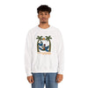 White crewneck sweatshirt, front bear-and-palm graphic design