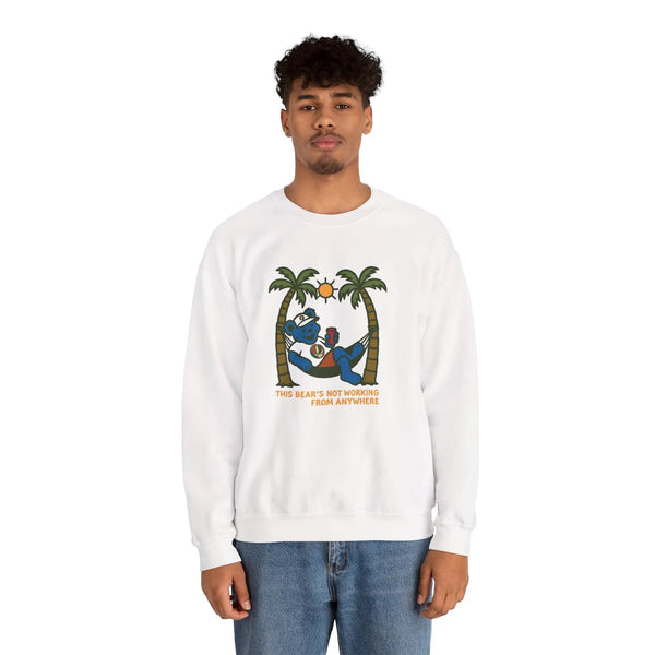 White crewneck sweatshirt, front bear-and-palm graphic design