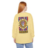 Butter yellow long-sleeve T-shirt with large back festival skull graphic in red, blue, yellow