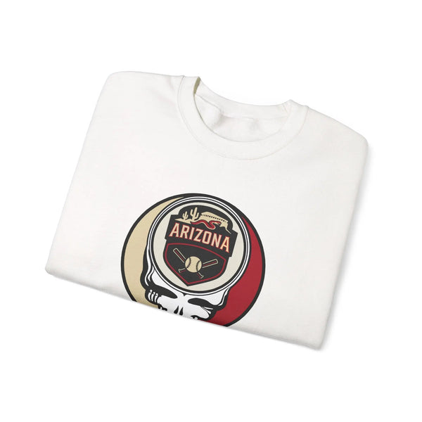 White crewneck sweatshirt, angled fold, Arizona logo skull graphic