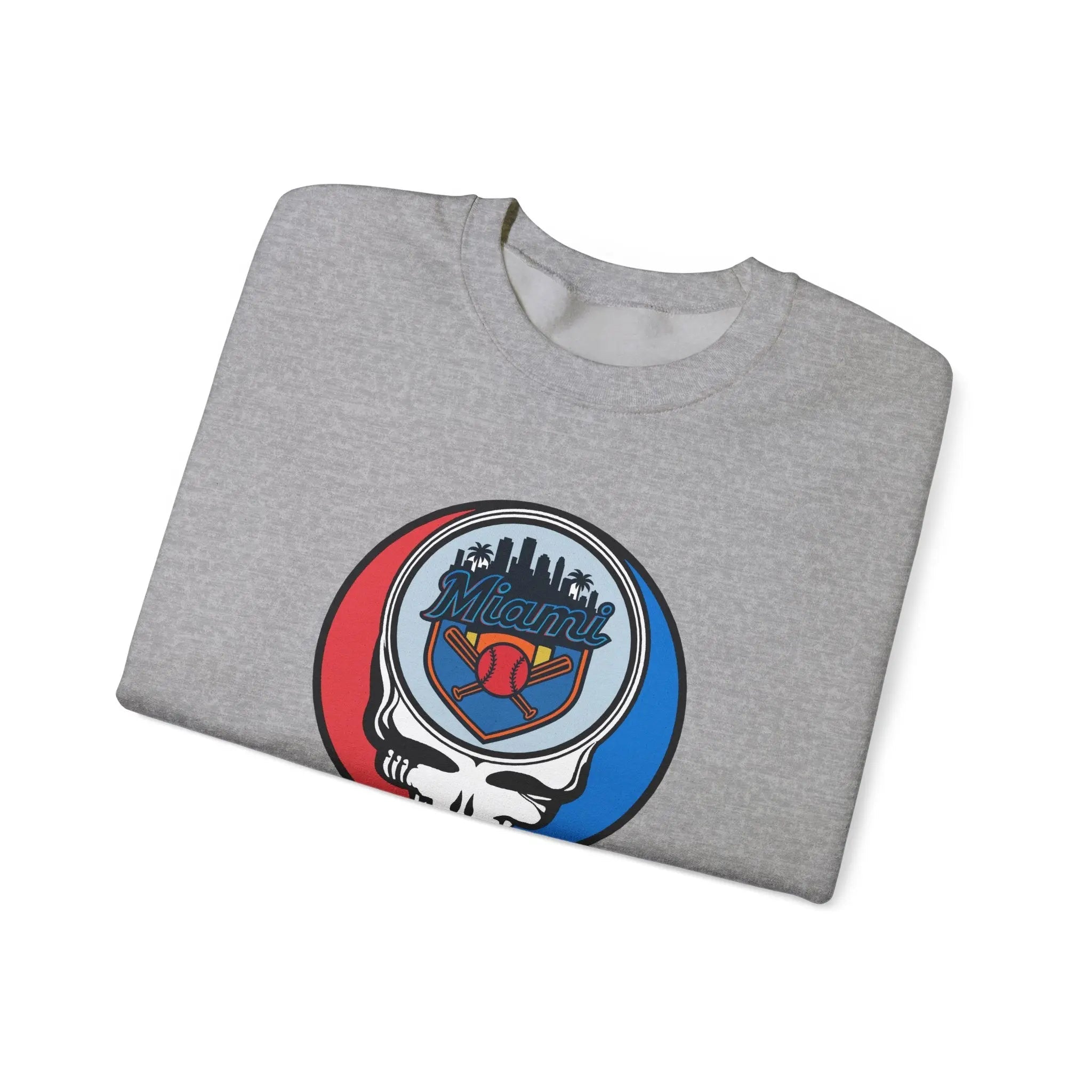 Sport grey crewneck sweatshirt with Miami Marlins skull logo, folded front view