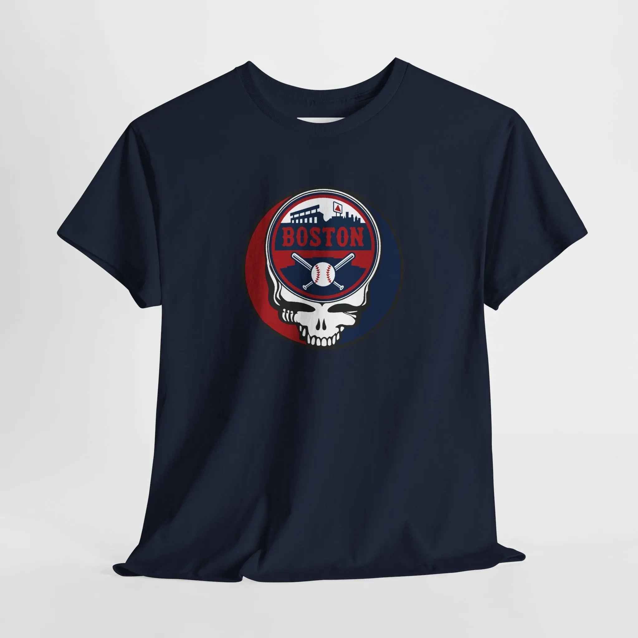 Navy crewneck T-shirt with circular Boston logo and skull graphic
