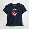Navy crewneck T-shirt with circular Boston logo and skull graphic