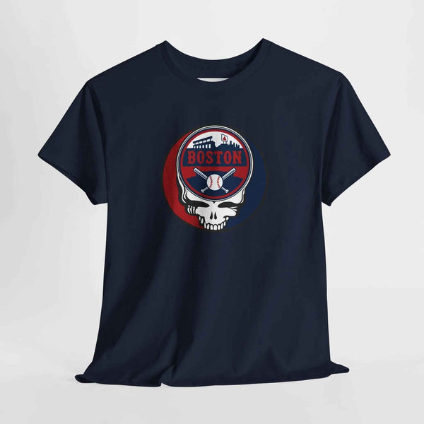 Navy crewneck T-shirt with circular Boston logo and skull graphic