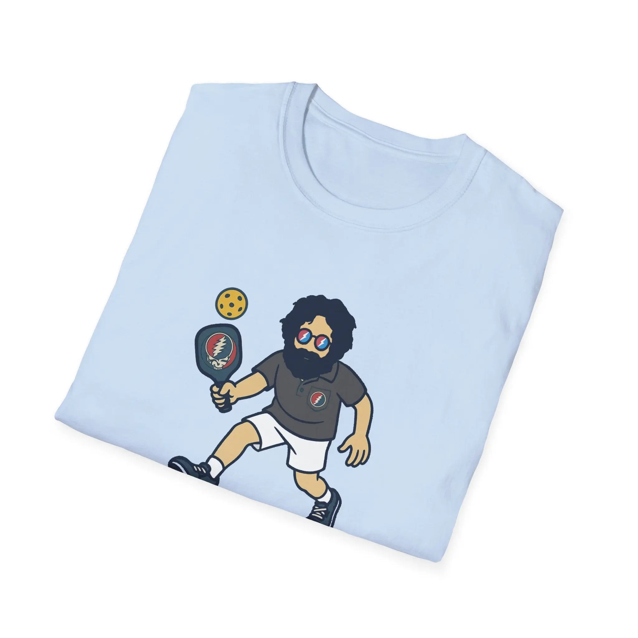 Light blue graphic t-shirt with cartoon bearded character holding a bat-style prop
