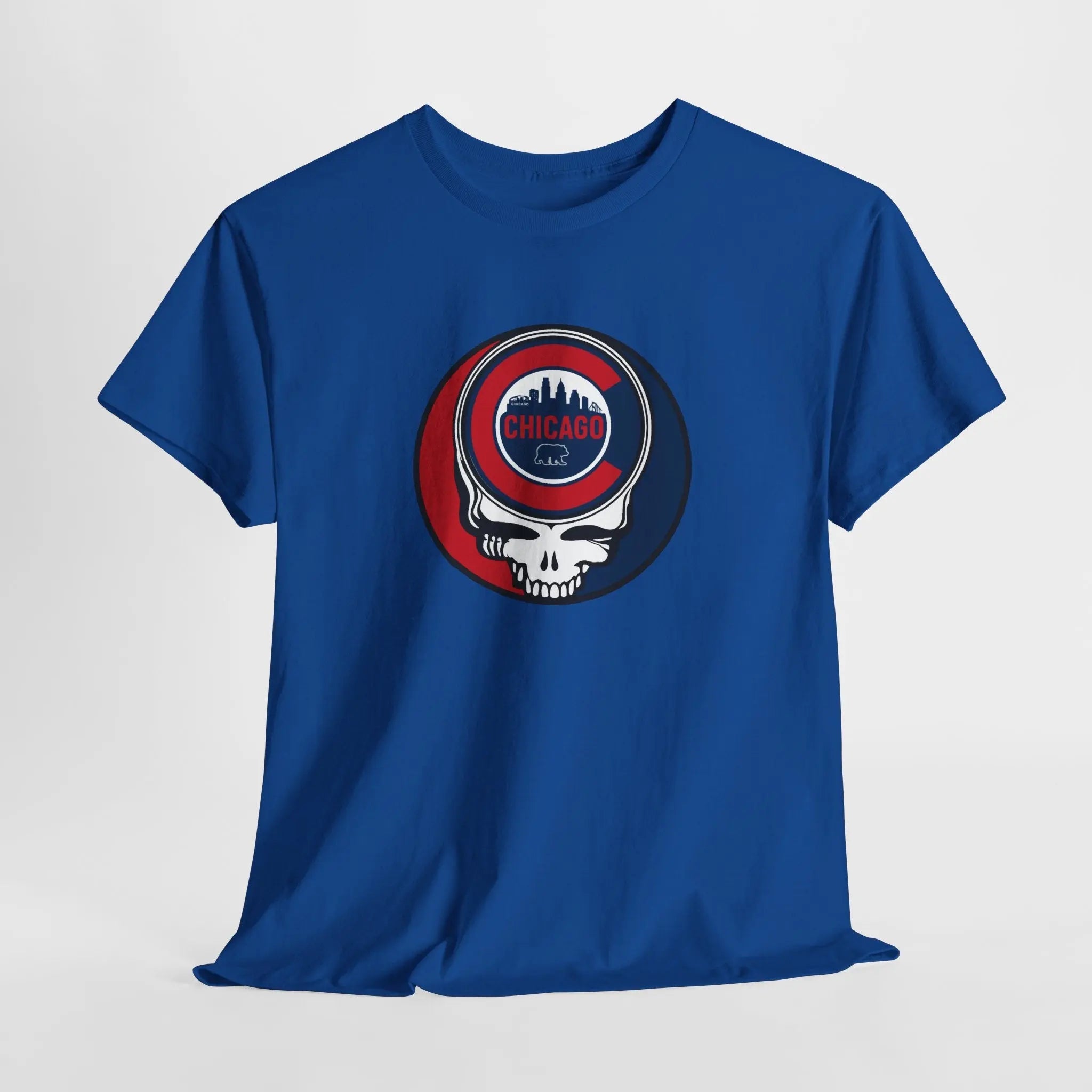 Royal blue Stealie skull graphic T-shirt with circular Chicago logo on chest