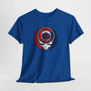 Royal blue Stealie skull graphic T-shirt with circular Chicago logo on chest
