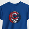 Royal blue Stealie skull graphic T-shirt with circular Chicago logo on chest