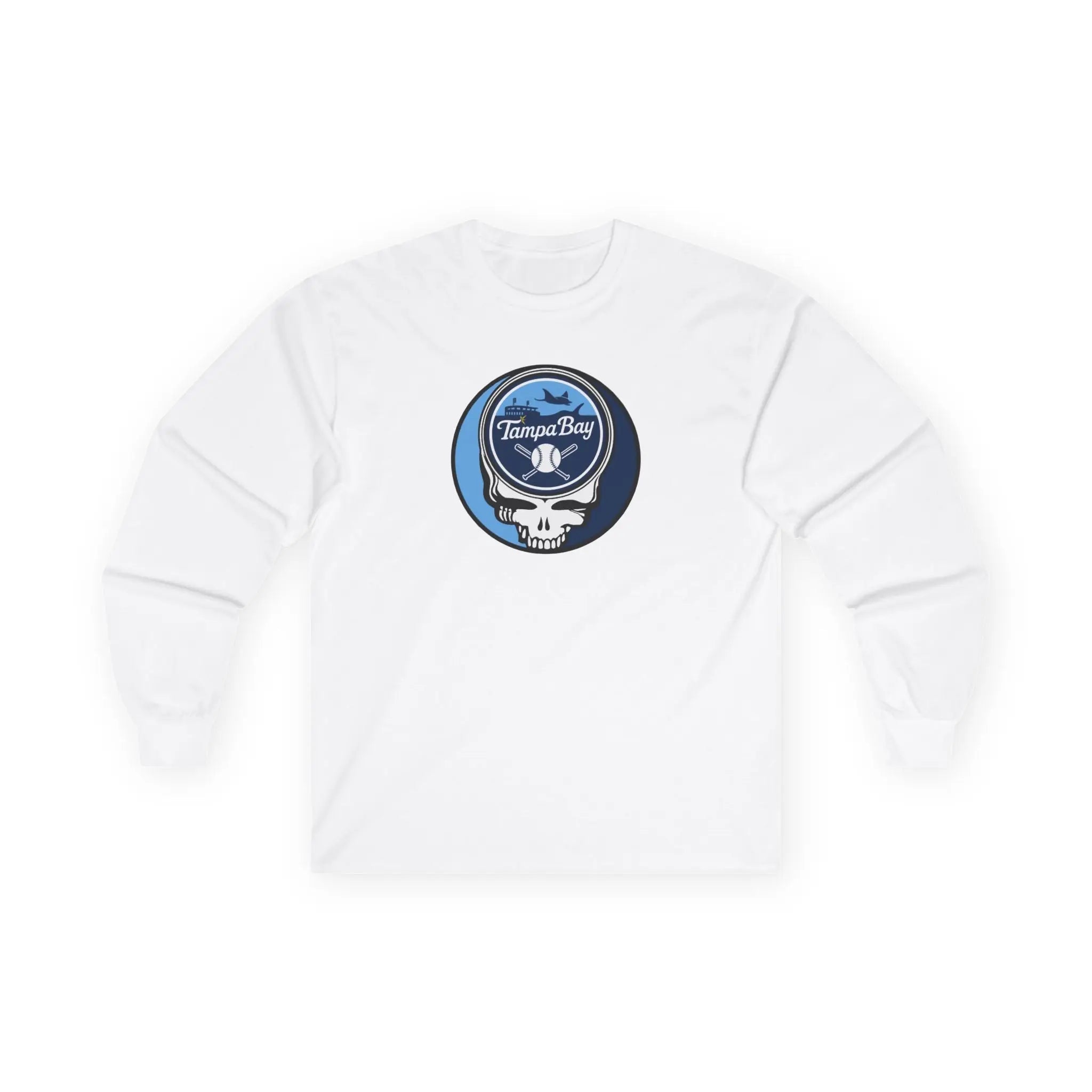Long-sleeve T-shirt in white with Tampa Bay logo patch graphic on chest.