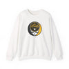 White crewneck sweatshirt with circular Pittsburgh logo and skull graphic on chest