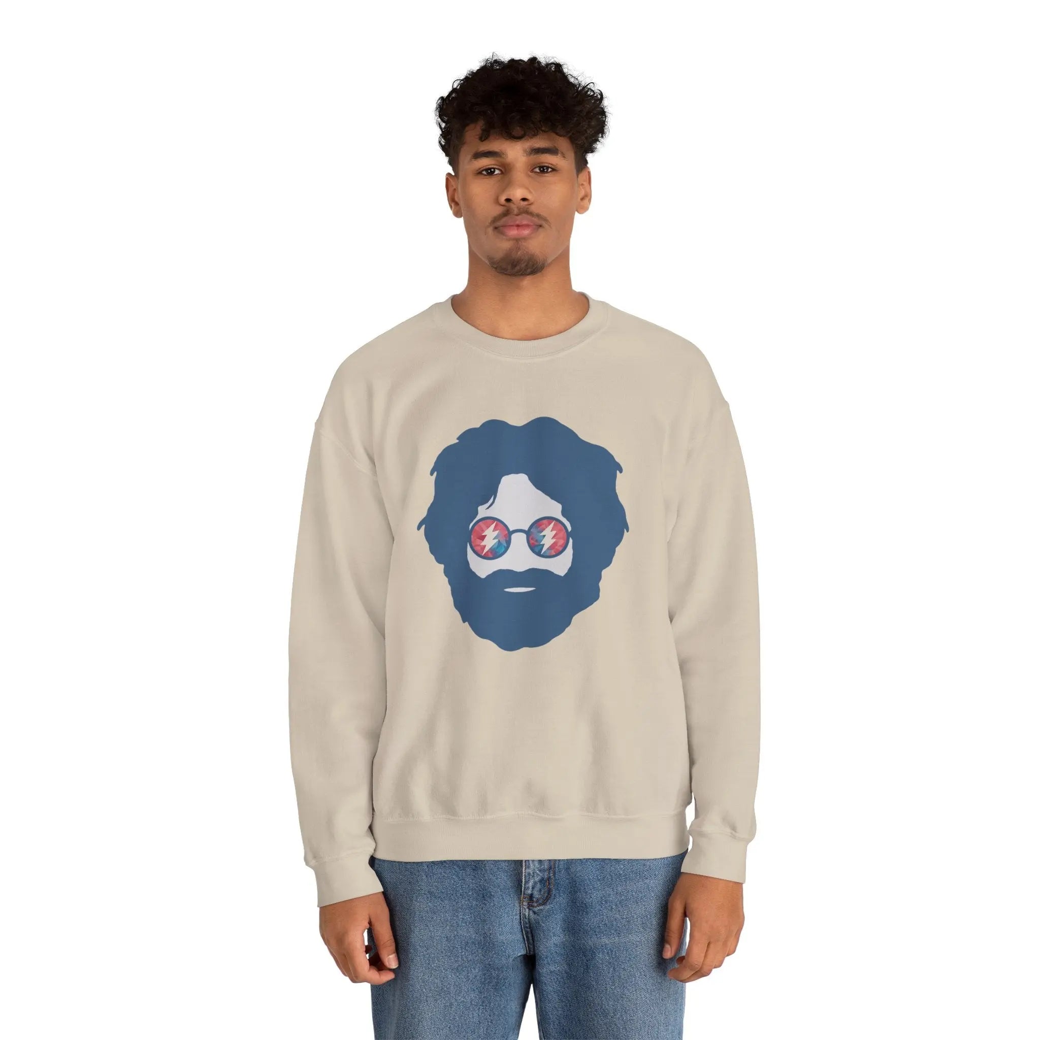 Sand crewneck sweatshirt with blue face graphic and sunglasses print