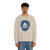 Sand crewneck sweatshirt with blue face graphic and sunglasses print