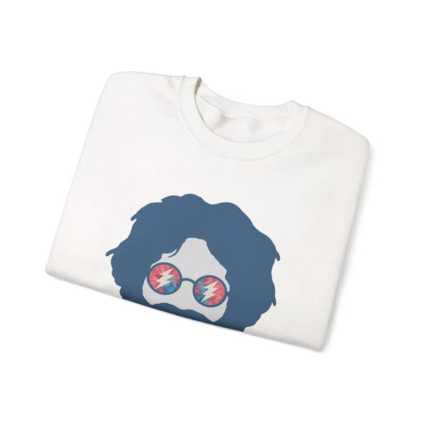White folded crewneck sweatshirt with blue face graphic and sunglasses print