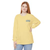 Light green long-sleeve shirt, front small chest label, relaxed crew neck