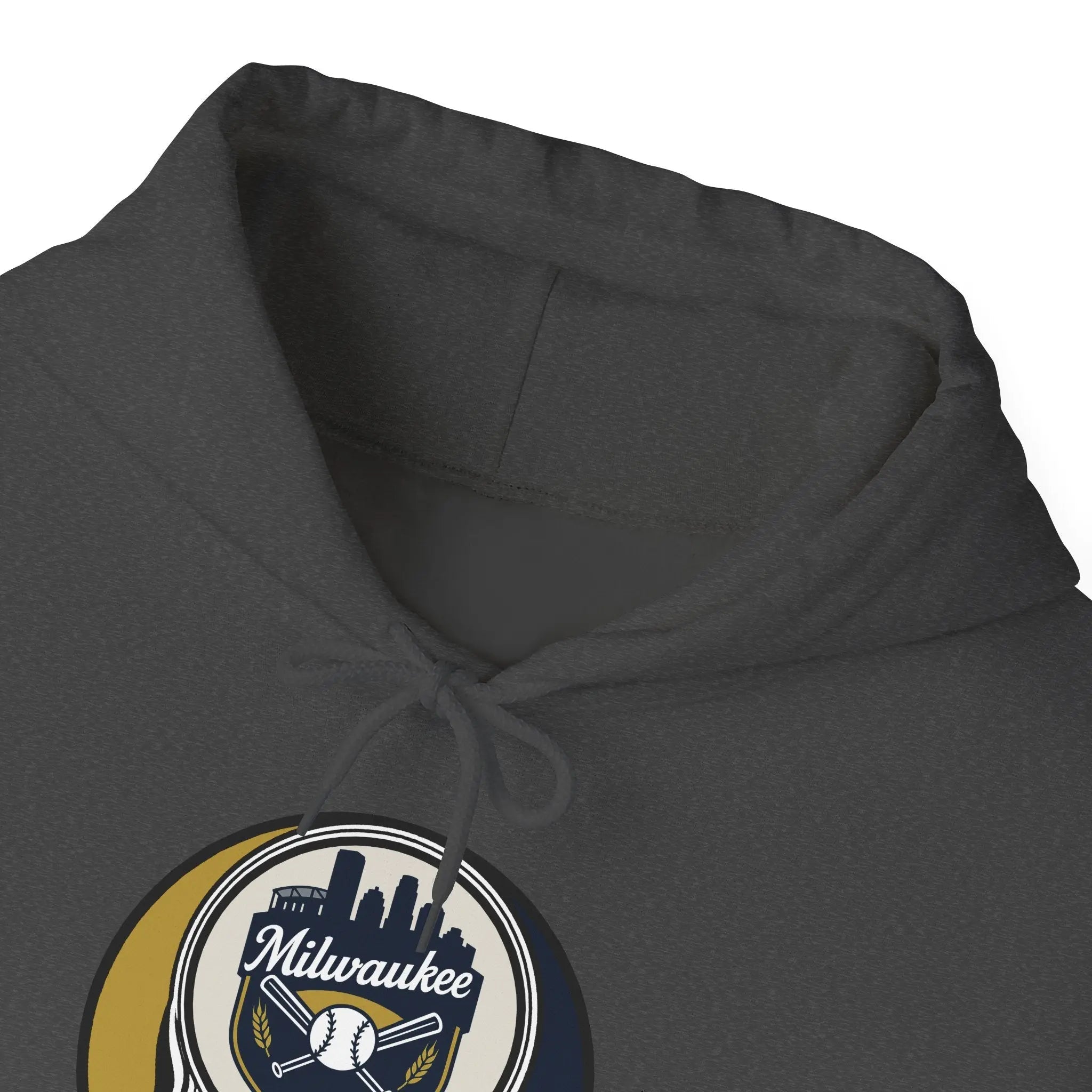 Dark heather hoodie with front hood and drawstring, featuring Milwaukee logo graphic.