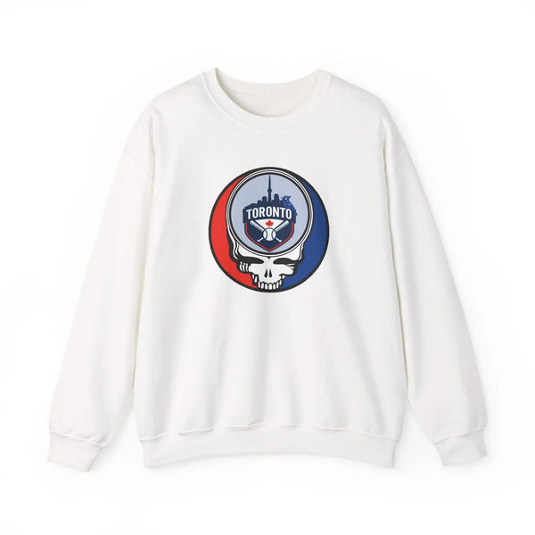 White crewneck sweatshirt with Toronto logo skull graphic on the chest