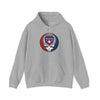 Heather gray hoodie with drawstring hood, front pocket, and TEXAS circular skull graphic
