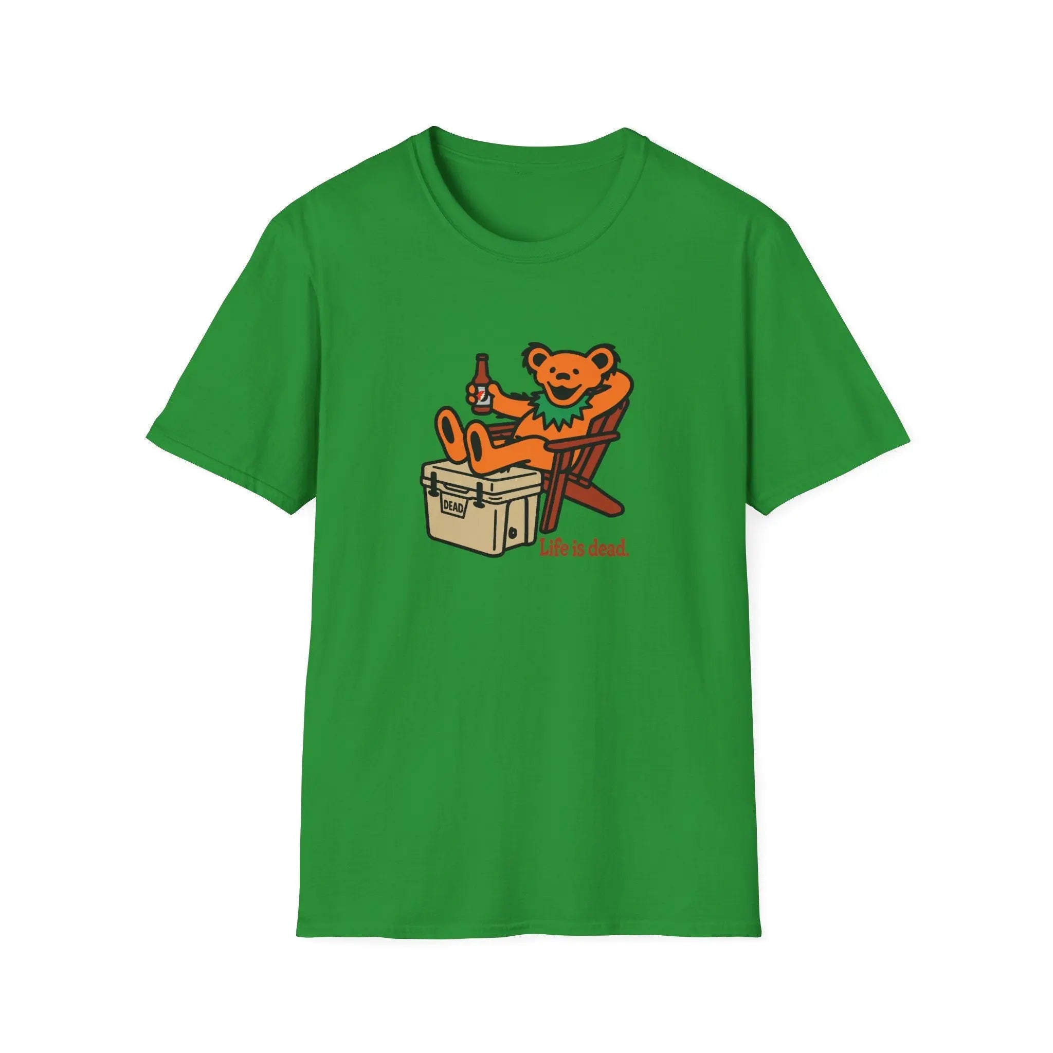 Green T-shirt with cartoon bear graphic and 