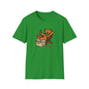 Green T-shirt with cartoon bear graphic and "Life is dead." text on chest