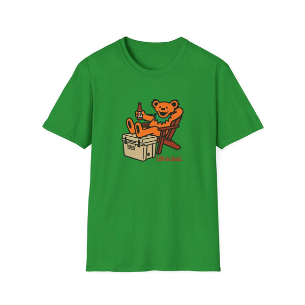 Green T-shirt with cartoon bear graphic and "Life is dead." text on chest