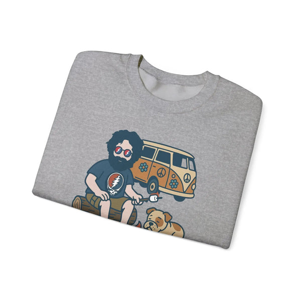 Unisex sport grey camping sweatshirt, crewneck, with camper and dog graphic front