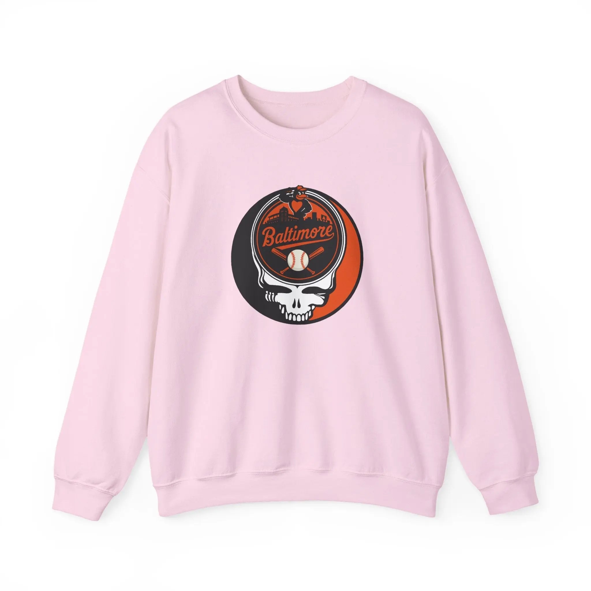Baltimore Orioles crewneck sweatshirt in light pink with front skull logo graphic