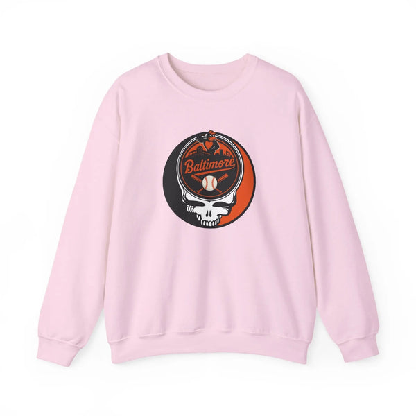Baltimore Orioles crewneck sweatshirt in light pink with front skull logo graphic