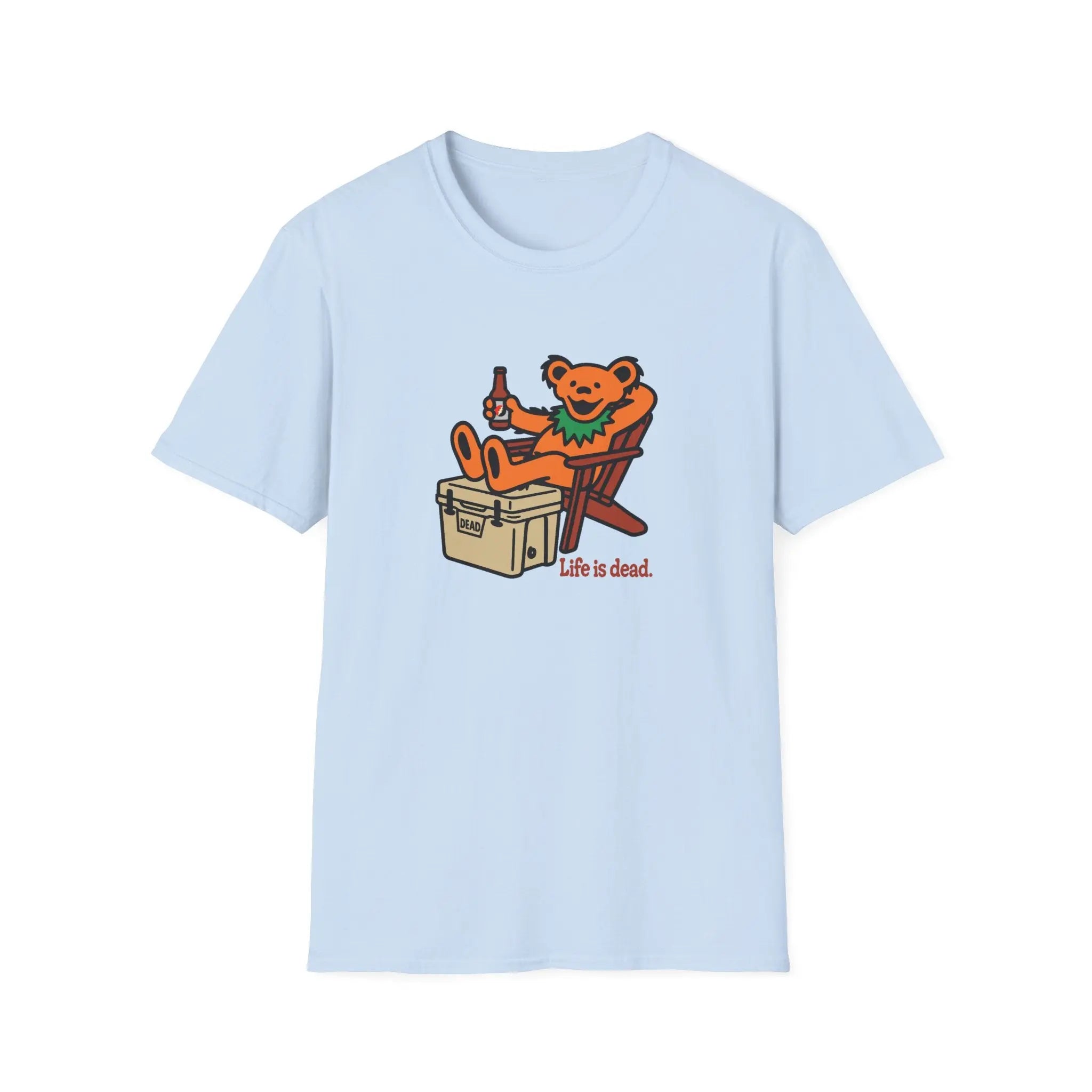 Light blue T-shirt with cartoon bear graphic and 