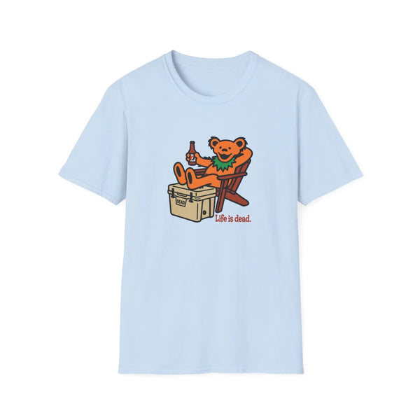 Light blue T-shirt with cartoon bear graphic and "Life is dead." text on chest