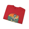 Red crewneck sweatshirt with colorful waterski graphic on the front